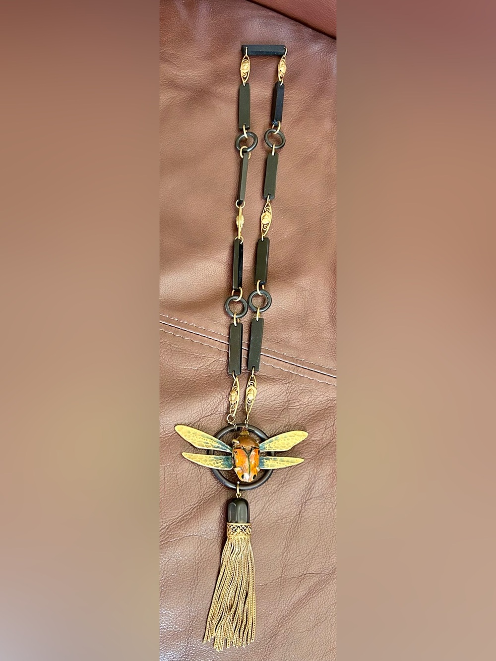 Antique Egyptian Scarab Black Beetle Dragonfly Pendant Necklace w/ Tassel Accent